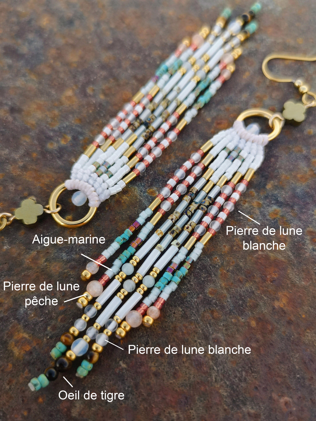 Longues boucles d'oreilles à franges précieuses Collection French Riviera - blanc opale turquoise et pêche - Perles de lune oeil de tigre aigue-marine