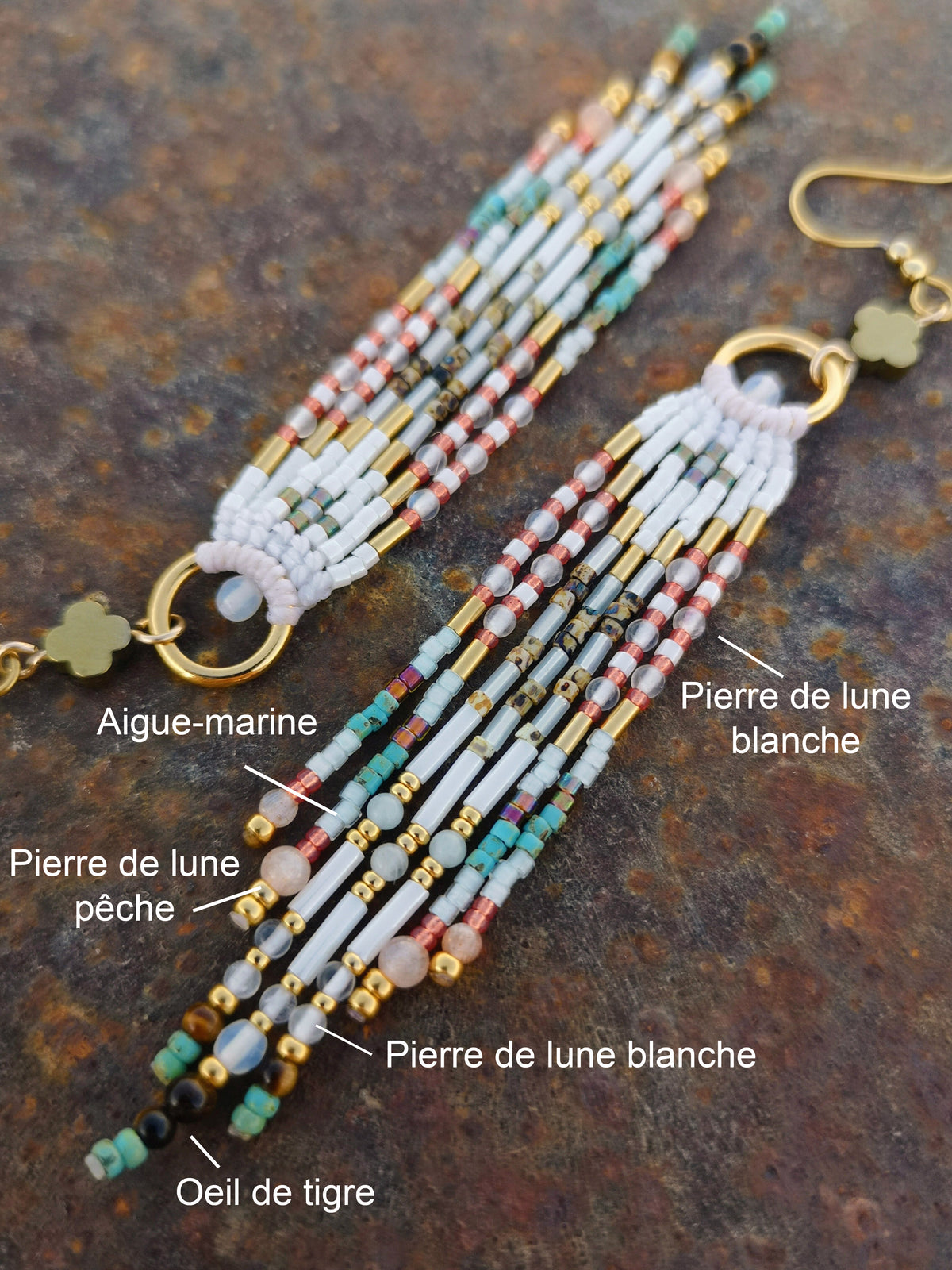 Longues boucles d'oreilles à franges précieuses Collection French Riviera - blanc opale turquoise et pêche - Perles de lune oeil de tigre aigue-marine