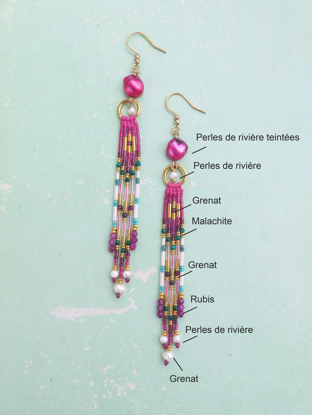 Longues boucles d'oreilles à franges précieuses Collection French Riviera - Rose Fuchsia - Perles en malachite grenat rubis
