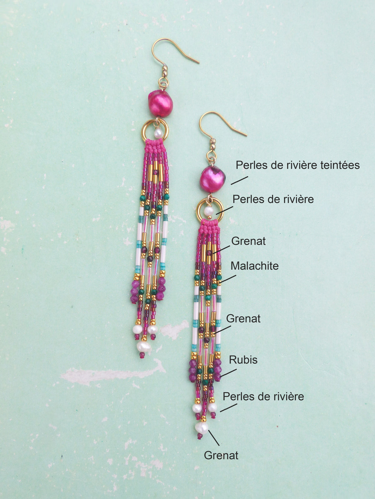 Longues boucles d'oreilles à franges précieuses Collection French Riviera - Rose Fuchsia - Perles en malachite grenat rubis