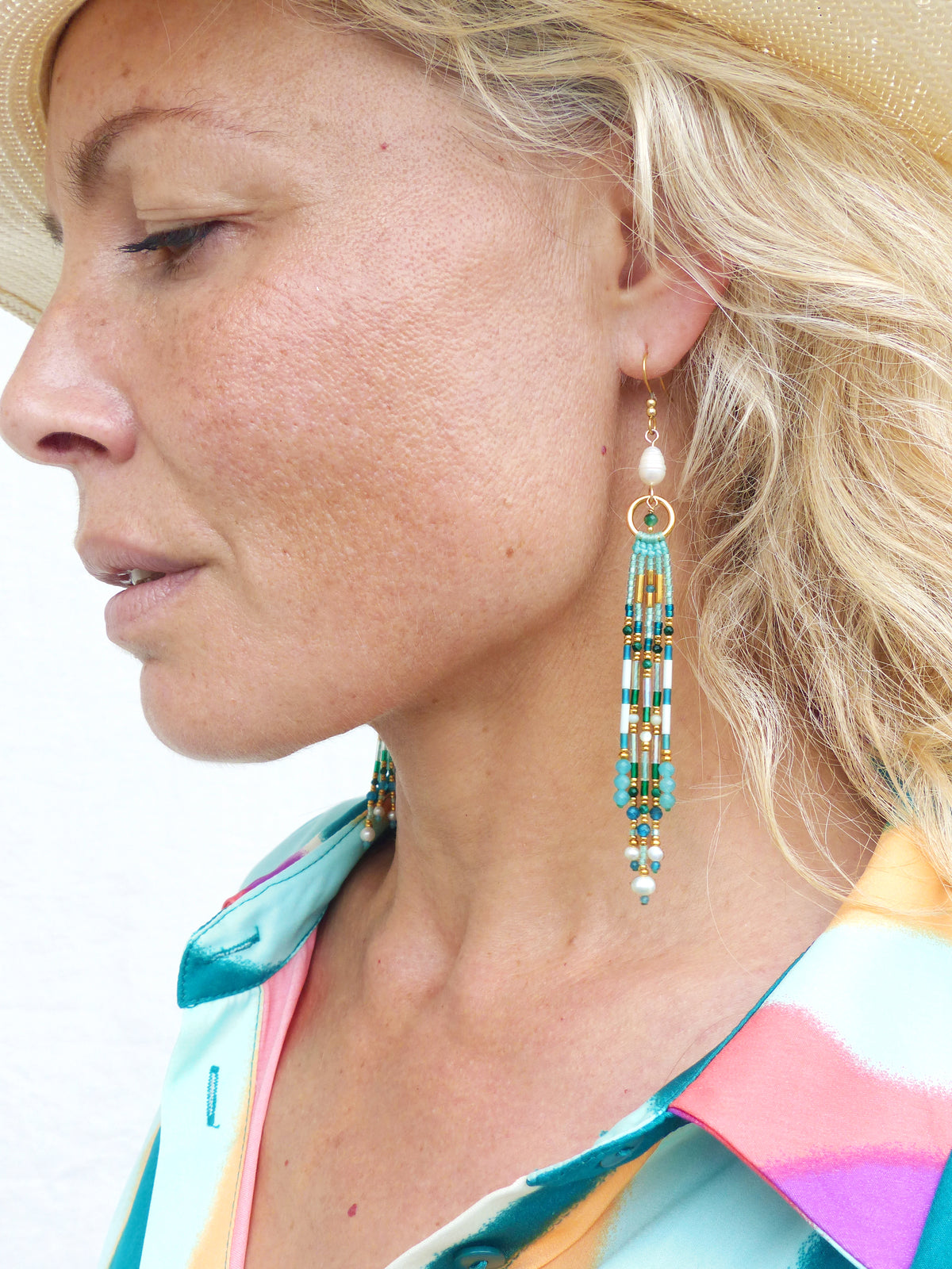 Longues boucles d'oreilles à franges précieuses Collection French Riviera - Vert menthe bleu vert lagon - Perles en malachite amazonite apatite