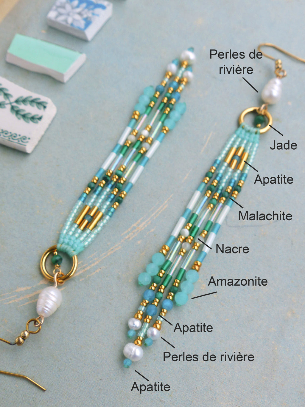 Longues boucles d'oreilles à franges précieuses Collection French Riviera - Vert menthe bleu vert lagon - Perles en malachite amazonite apatite