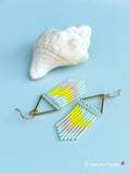 Peut inclure: Une paire de boucles d'oreilles pendantes en triangle doré avec des franges de perles bleu clair, rose et jaune.