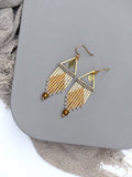 Peut inclure: Une paire de boucles d'oreilles en perles dorées et blanches avec un motif géométrique triangulaire. Les boucles d'oreilles sont faites de petites perles de rocaille et ont une frange pendante.