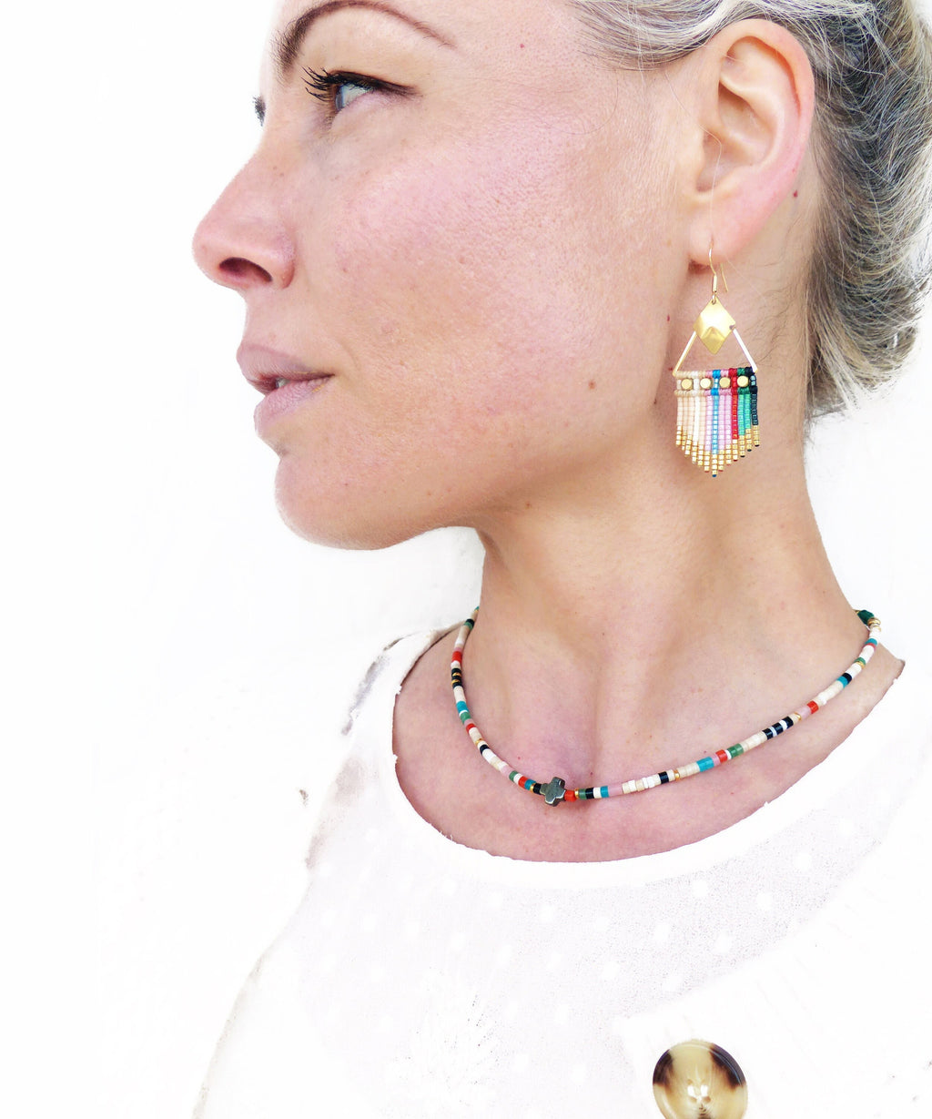 Peut inclure: Un collier de perles colorées avec un petit pendentif en forme de croix. Le collier est composé de perles blanches, rouges, bleues, vertes et oranges. Le collier est porté par une personne avec une chemise blanche et des boucles d'oreilles en perles.