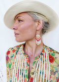 Peut inclure: Une femme portant un chapeau de paille et une blouse à imprimé floral avec des bordures en dentelle blanche. Elle porte de longues boucles d'oreilles en perles colorées.