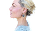 Peut inclure: Une femme porte des boucles d'oreilles en forme de goutte. Les boucles d'oreilles présentent une grosse pierre marron foncé au centre, entourée de pierres plus petites et plus claires et d'éléments métalliques dorés. Les boucles d'oreilles sont suspendues à des crochets dorés.