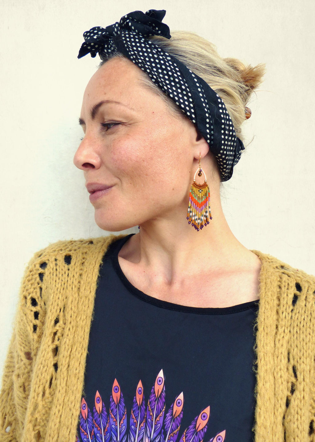 Longues boucles d'oreilles à franges perlées d'améthyste et oeil de tigre Bijoux bohème tissés en macramé et miyuki kaki orange vif violet