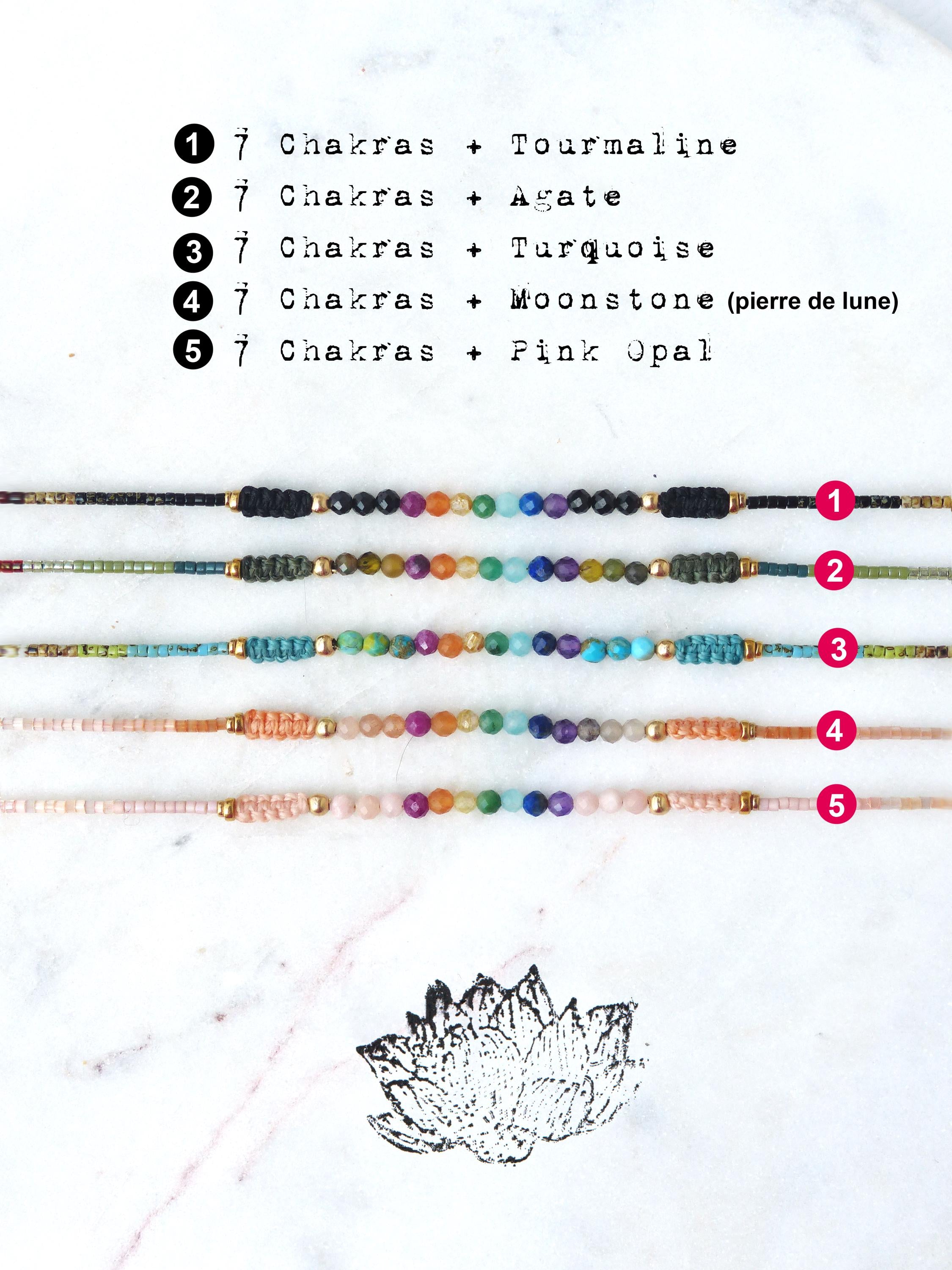 Peut inclure: Cinq bracelets de perles avec des pierres précieuses variées, dont la tourmaline, l'agate, la turquoise, la pierre de lune et l'opale rose. Chaque bracelet présente un schéma de couleurs différent et est étiqueté avec le texte "7 Chakras" et le nom de la pierre.