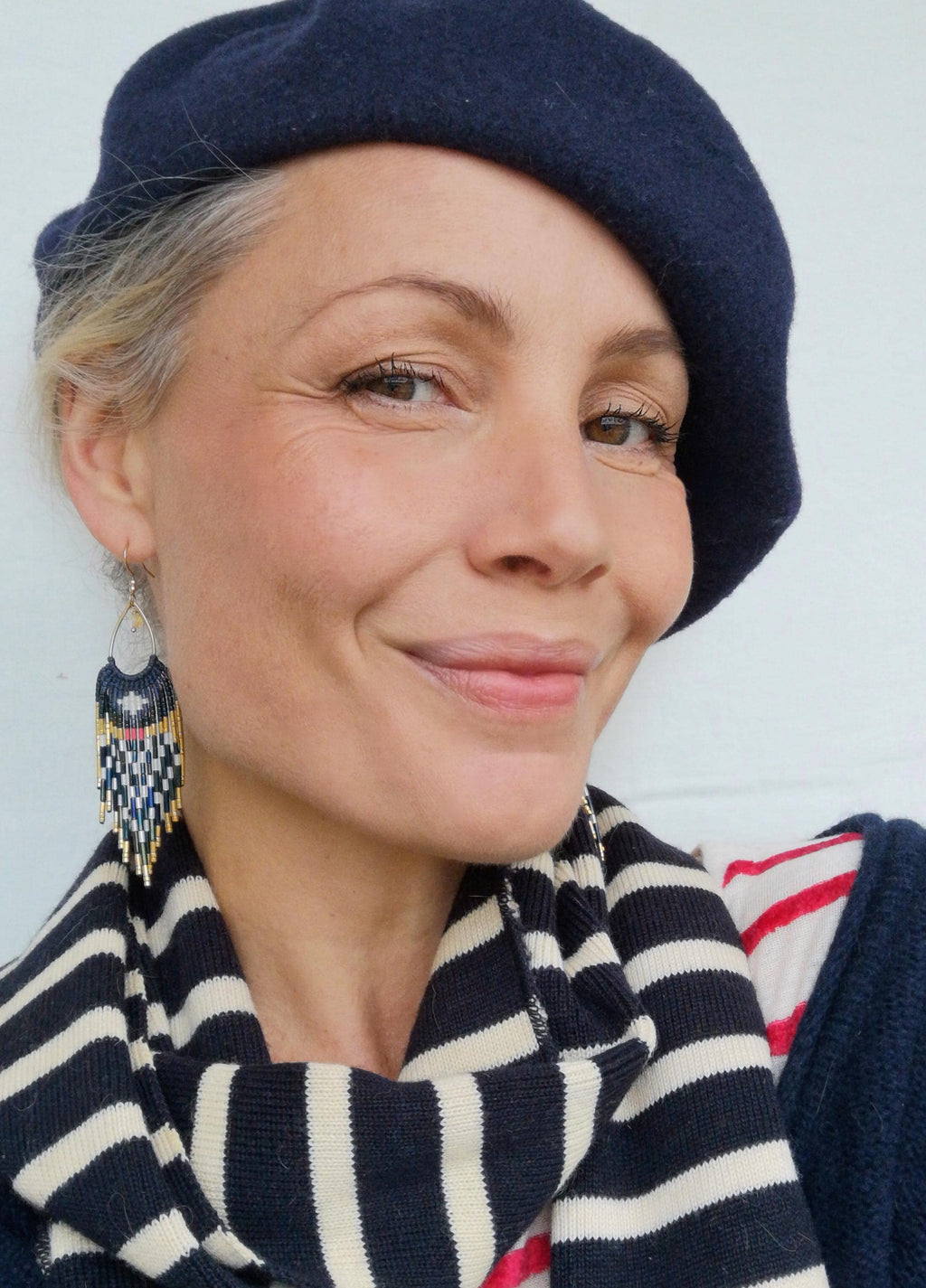 Longues boucles à franges perlées esprit marin rayures bleu marine blanc rouge doré Macramé et perles miyuki Bijoux bohème Cadeau pour elle
