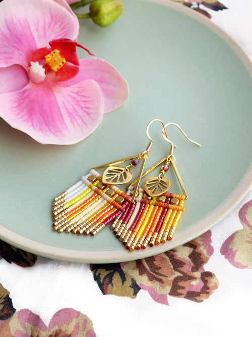 Boucles d'oreilles à franges rayures couleur automne vintage 70's jaune orange marron