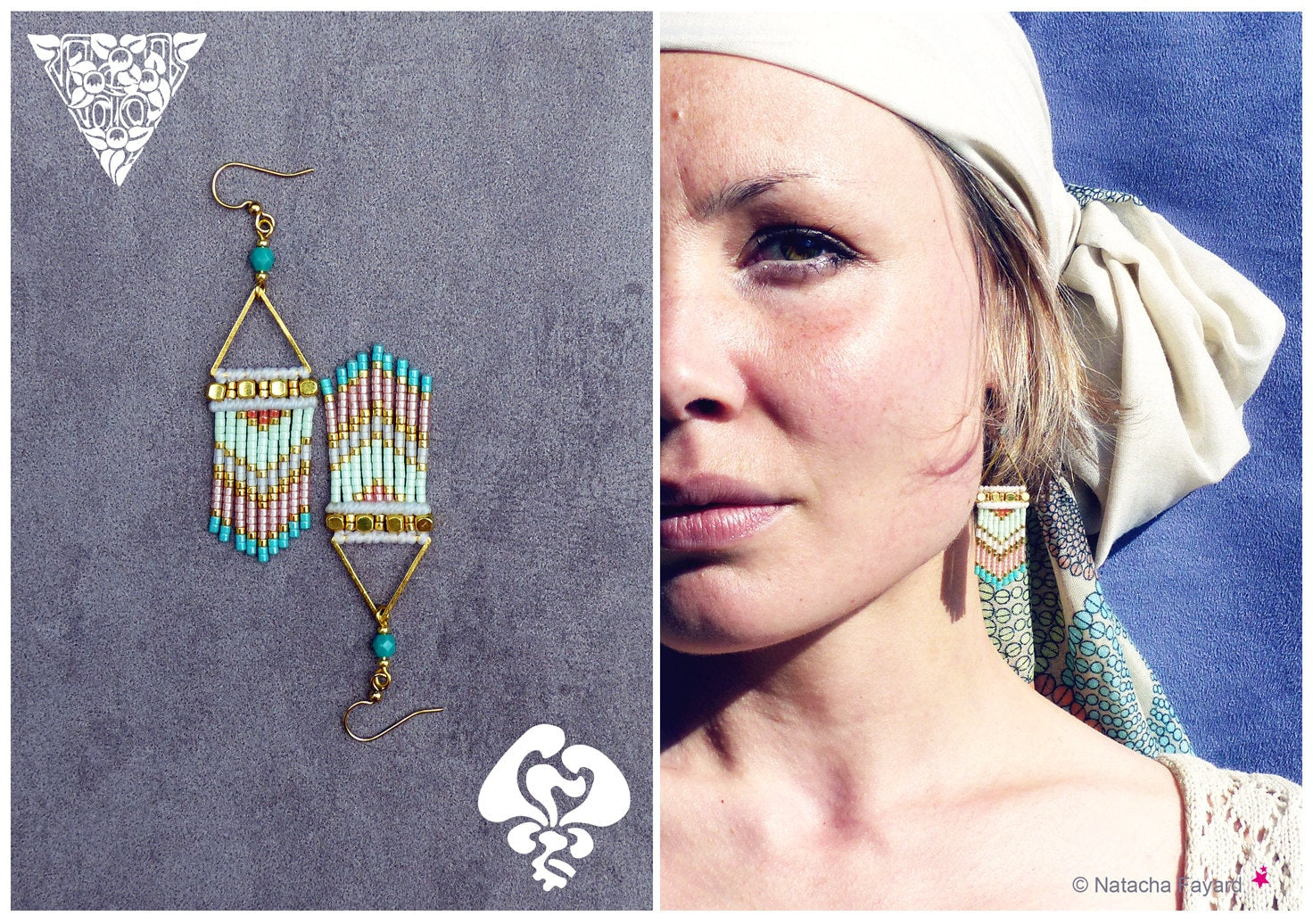 Peut inclure: Une paire de boucles d'oreilles dorées avec des perles turquoise et roses, suspendues à un cadre triangulaire. Les boucles d'oreilles sont présentées sur un fond gris.