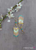 Peut inclure: Une paire de boucles d'oreilles triangulaires dorées avec des perles turquoise et roses. Les boucles d'oreilles ont une frange de perles qui pend de la partie inférieure.
