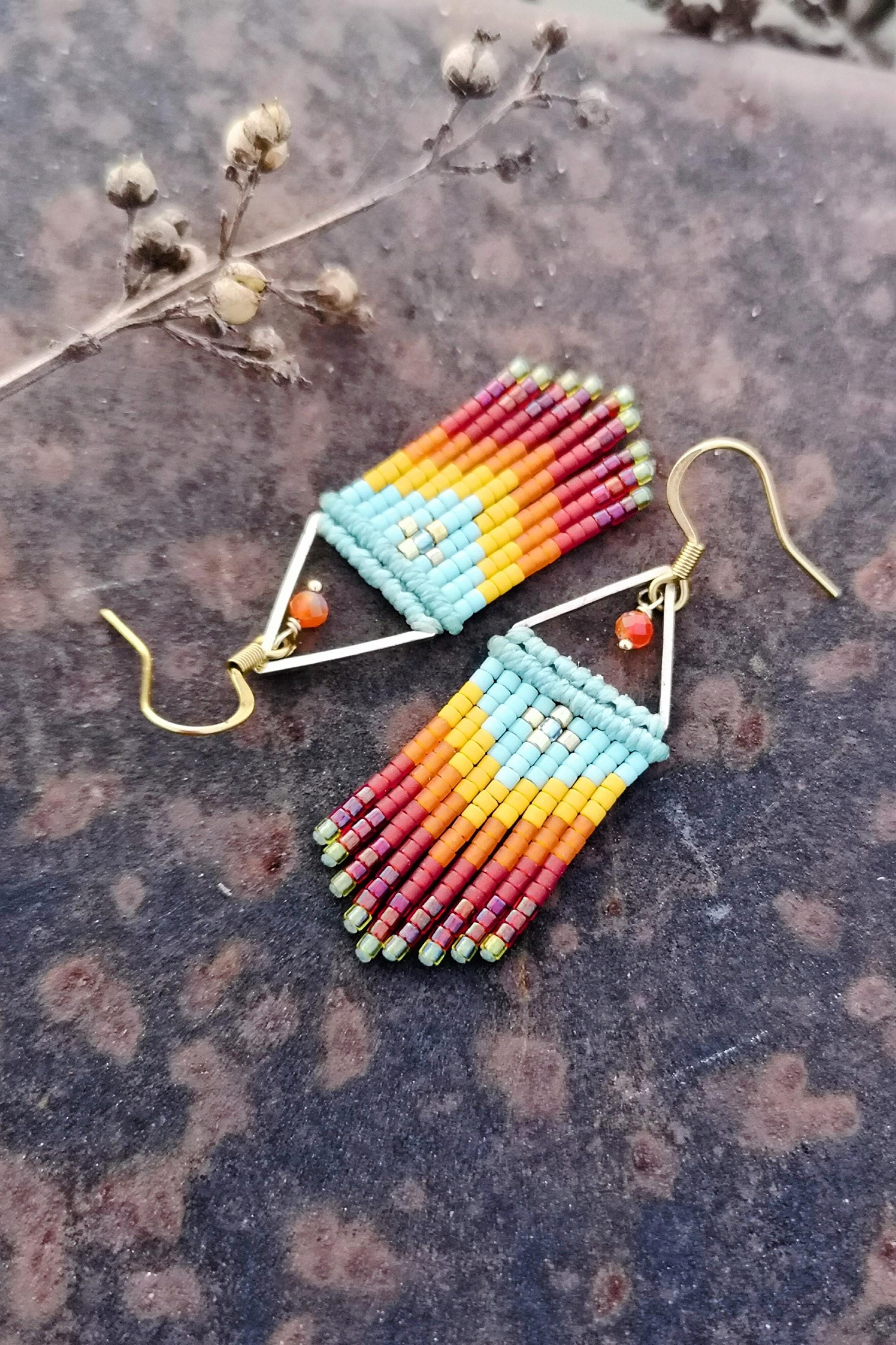 Fall palette mini fringe earrings aqua blue yellow orange and burgundy