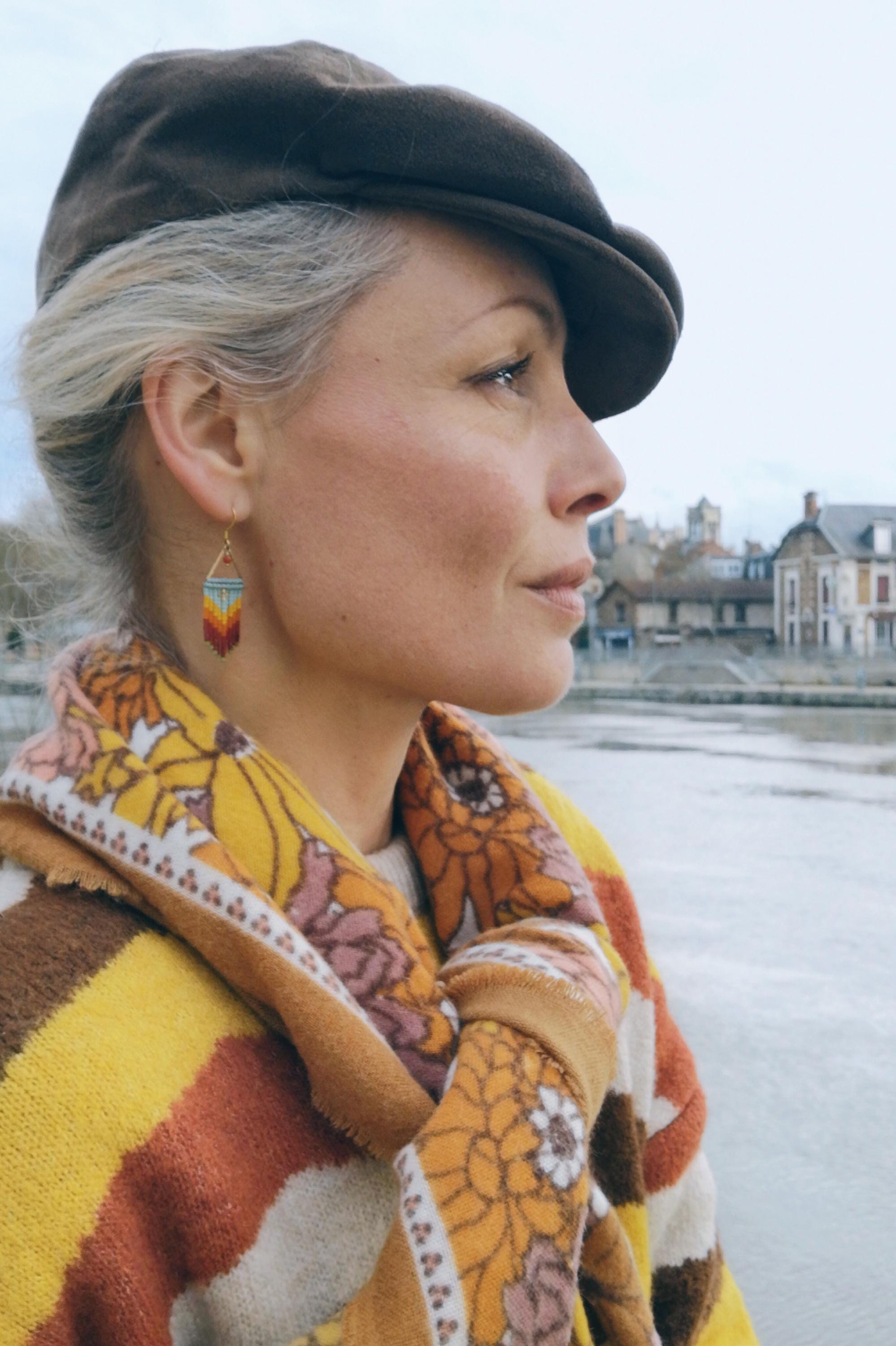 Fall palette mini fringe earrings aqua blue yellow orange and burgundy
