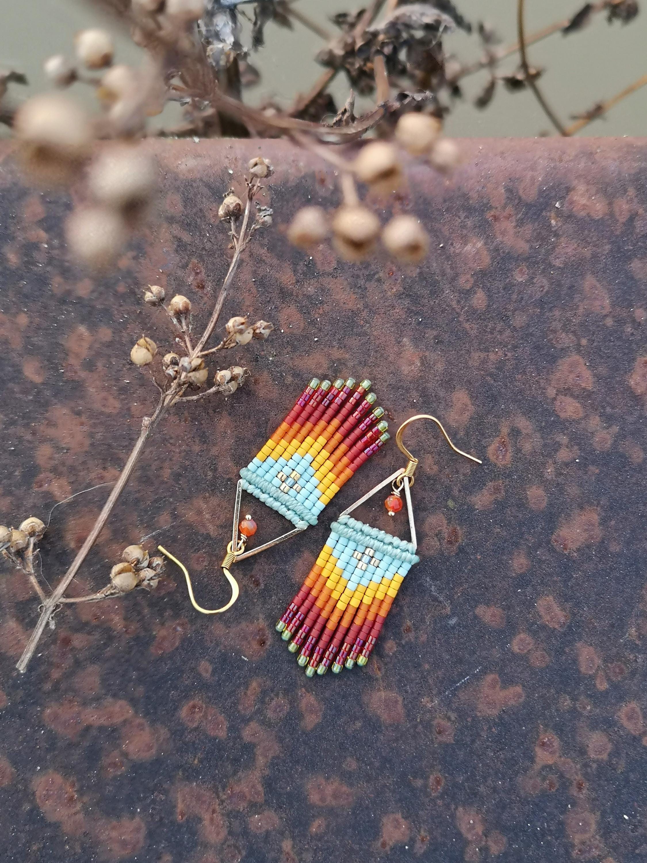Fall palette mini fringe earrings aqua blue yellow orange and burgundy