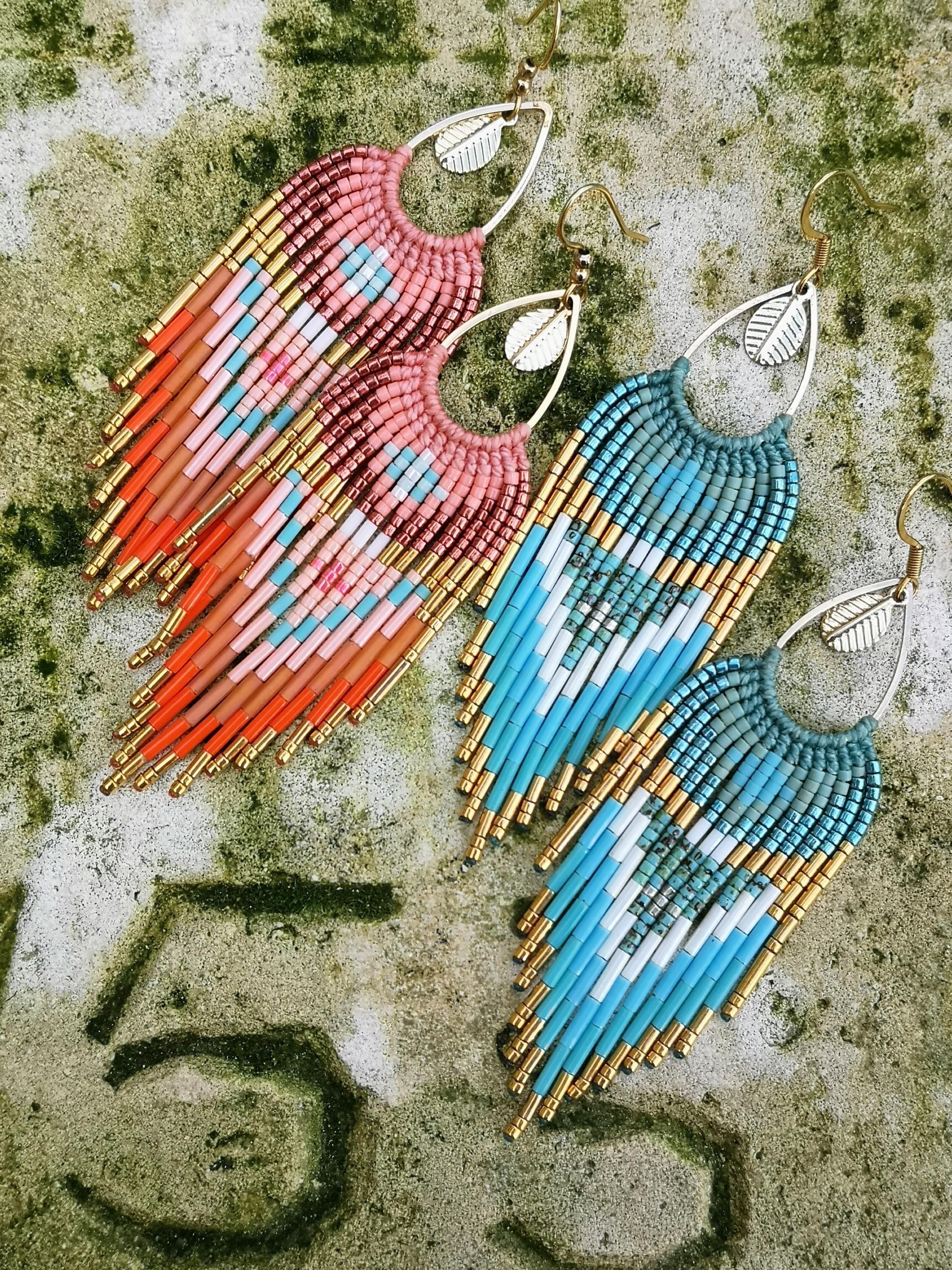 Longues boucles à franges perlées orange pêche rose saumon bleu Bijoux tissés en macramé et miyuki style bohème amérindien Cadeau pour elle