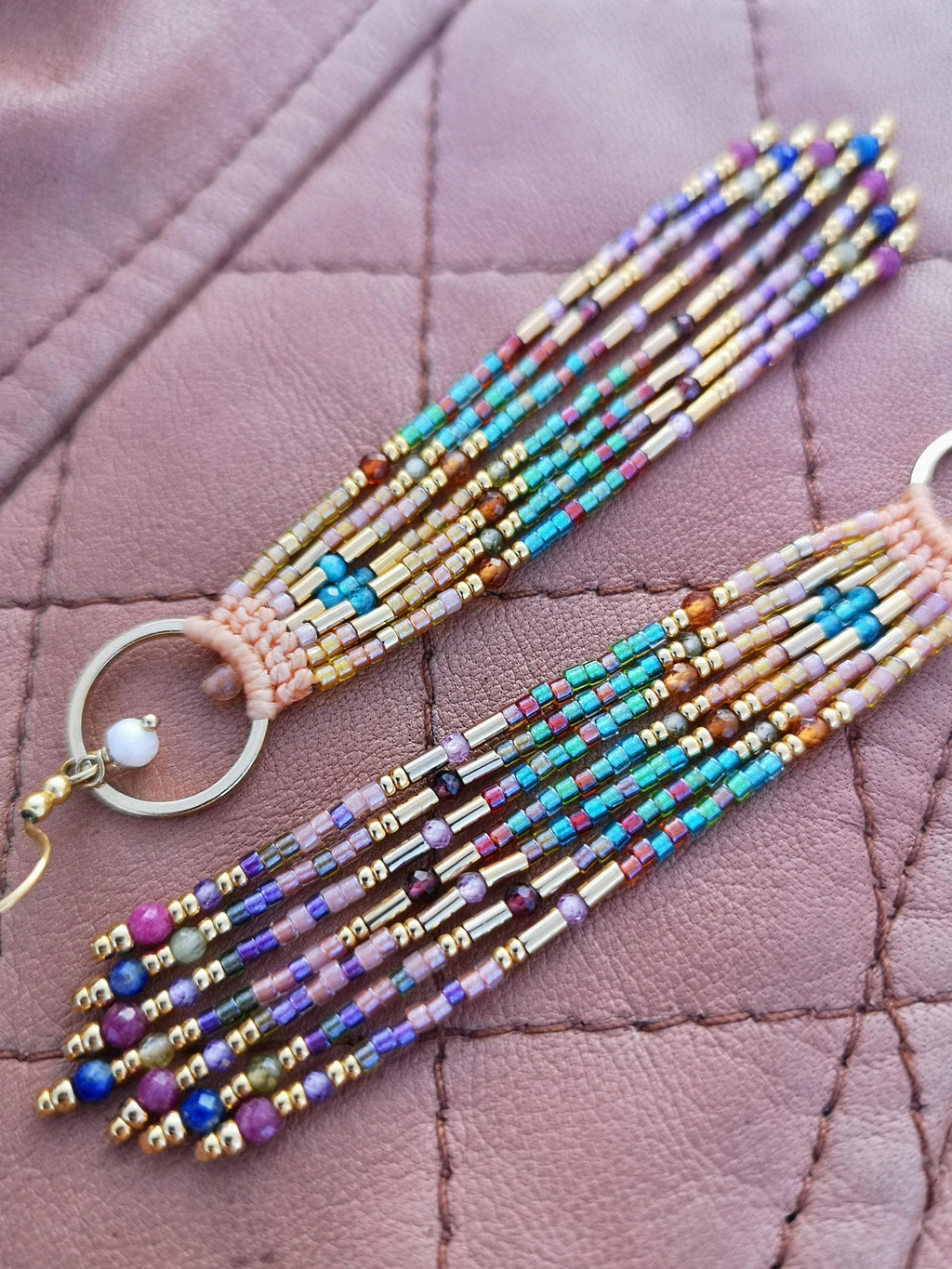 Longues boucles d'oreilles précieuses à franges perlées de pierres fines et rocailles miyuki Apatite Grenat Zirconium Rubis Cadeau pour elle