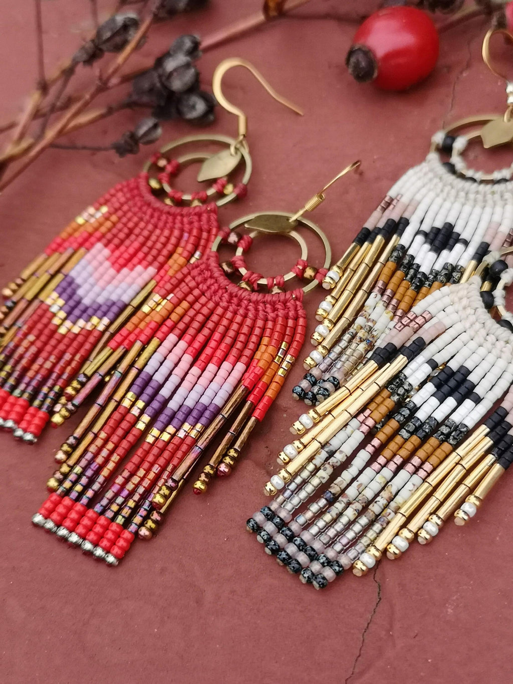 Boucles d'oreilles pendantes à franges perlées tons neutres beige noir marron terre sienne Style bohème Bijoux amérindien Cadeau pour elle