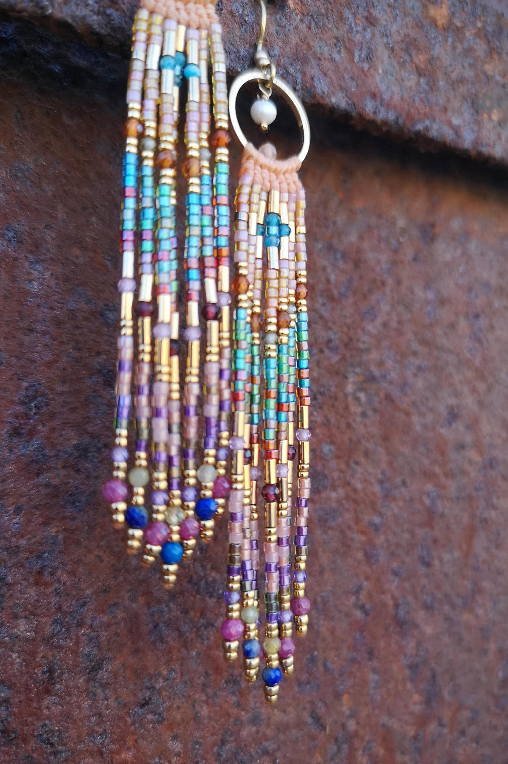 Longues boucles d'oreilles précieuses à franges perlées de pierres fines et rocailles miyuki Apatite Grenat Zirconium Rubis Cadeau pour elle
