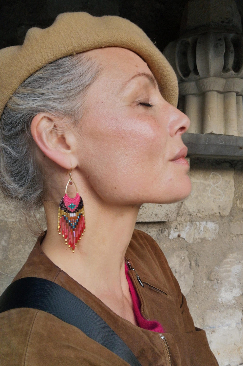 Longues boucles à franges perlées rose fuchsia bordeaux brune Bijoux tissés en macramé et perles de rocailles miyuki style bohème boho chic