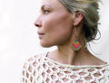 Peut inclure: Une femme portant un haut en crochet blanc avec une paire de longues boucles d'oreilles pendantes. Les boucles d'oreilles sont faites de fil gris, jaune et rose et ont un design géométrique.