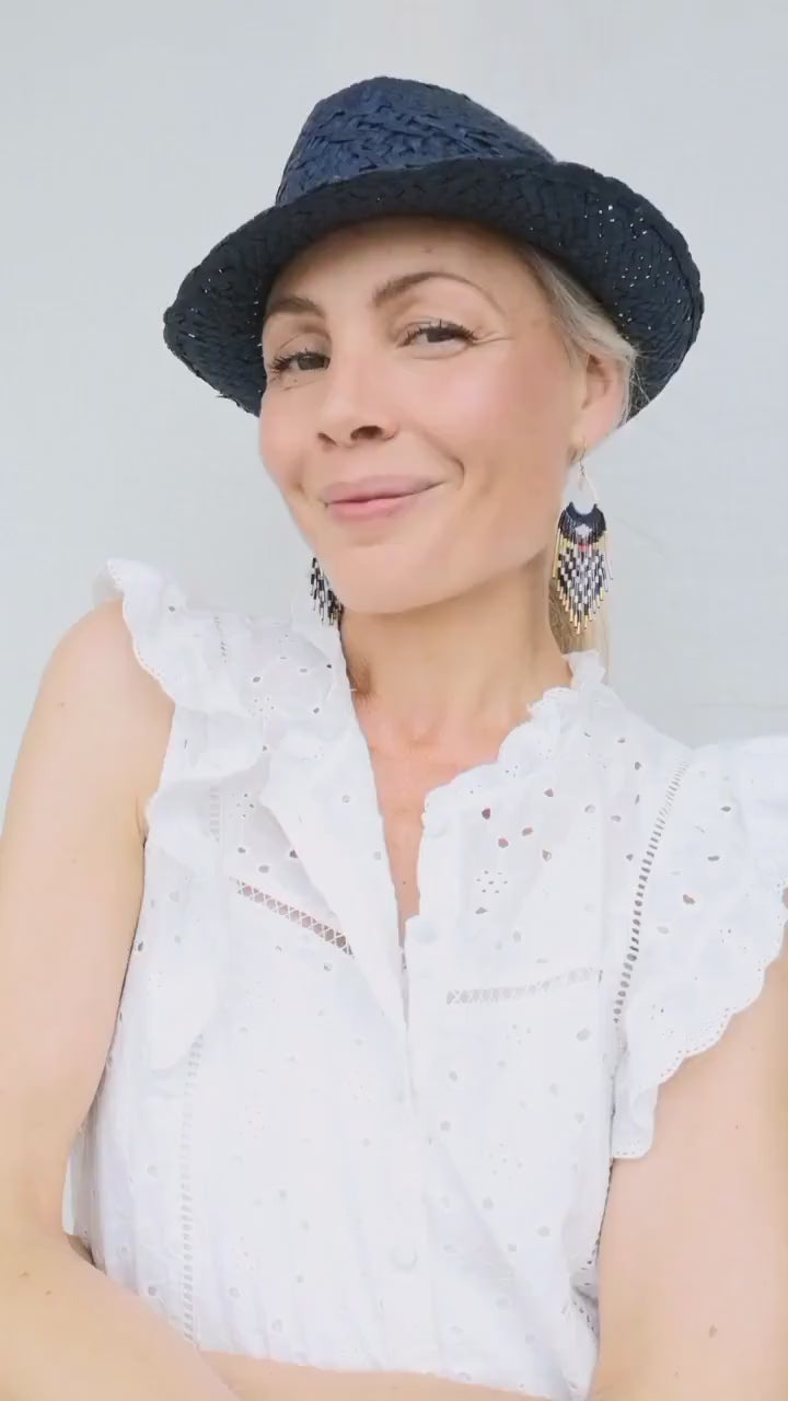 Longues boucles à franges perlées esprit marin rayures bleu marine blanc rouge doré Macramé et perles miyuki Bijoux bohème Cadeau pour elle